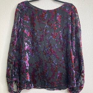 LOFT Blouse Sz L Dark Floral Velvet Burnout Whimsygoth Sheer Long Sleeve